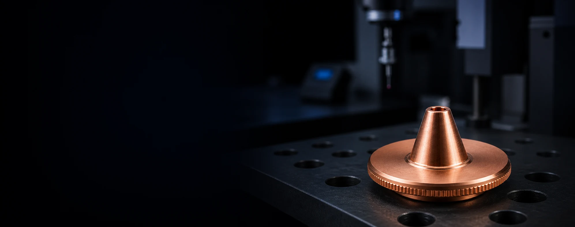Copper laser cutting nozzle on a precision machining inspection table