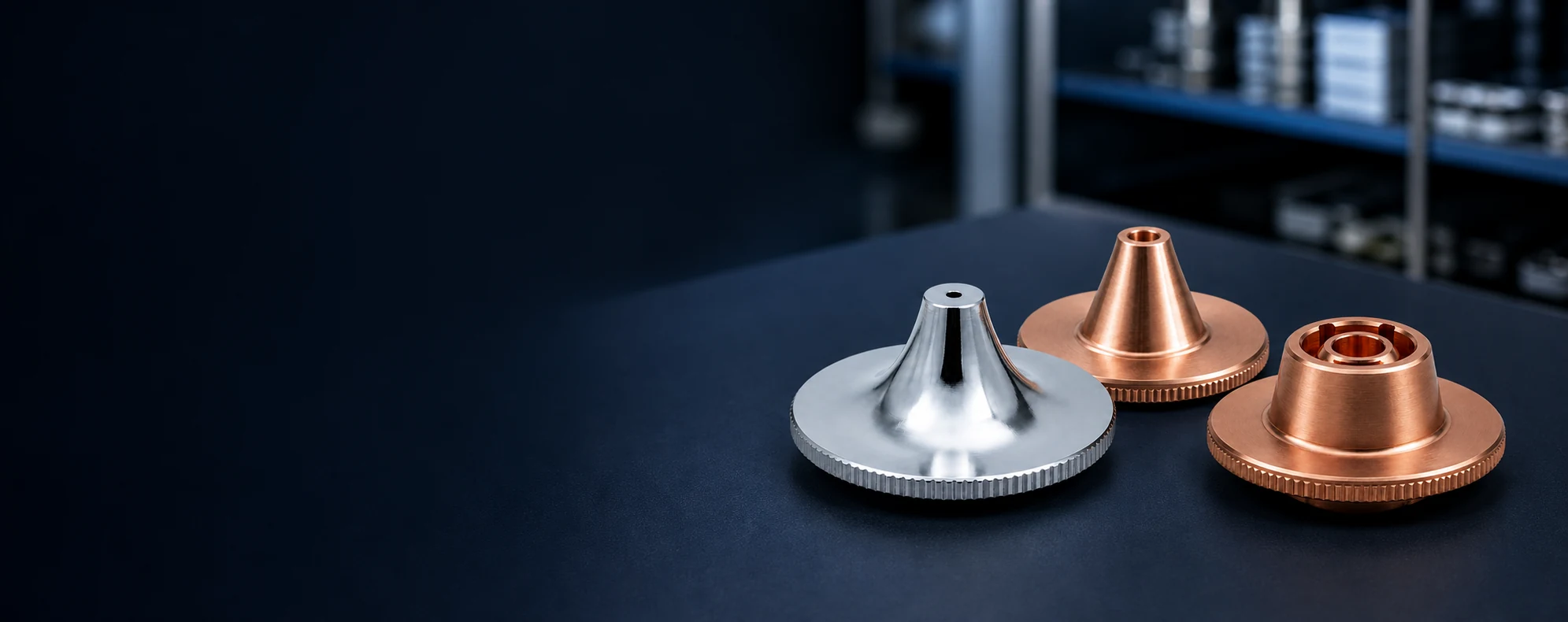 Chrome plated and copper laser nozzle product range in an industrial quality control room